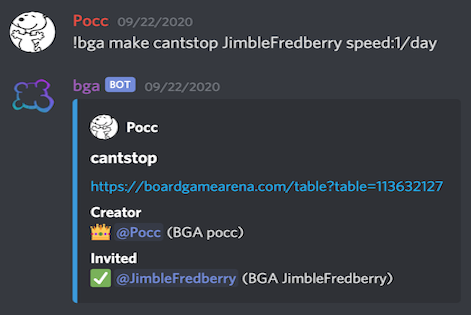 Enter a discord command to create a Can't Stop game on Board Game Arena with user JimbleFredberry